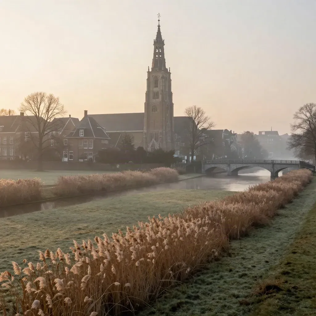 Dom Tower above misty Utrecht canals and meadow at sunrise