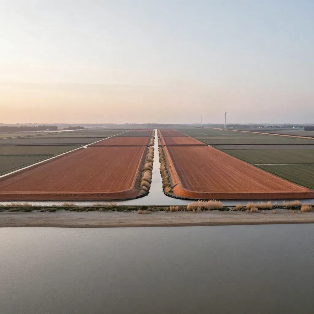 Hazy Flevoland polder grid with canals, dike, and wind turbines at dusk.