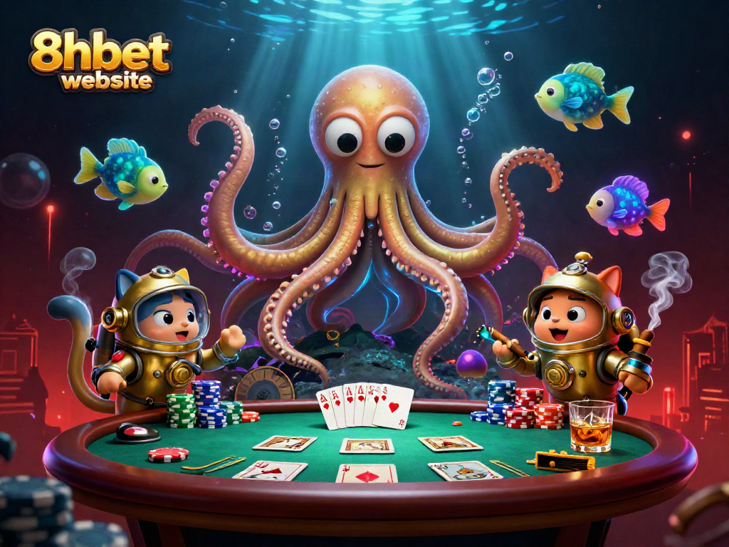 Engage with the 8xbet website's thrilling gaming atmosphere featuring a kraken and dynamic poker elements.