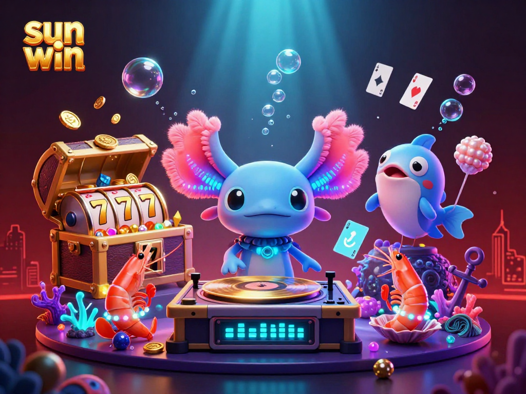 Engage with the sun win experience as an axolotl DJ spins golden records in an electrifying underwater casino.
