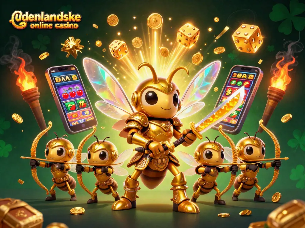 Engage with udenlandske online casino through vibrant 3D illustration featuring a golden hornet samurai and dynamic gaming elements.