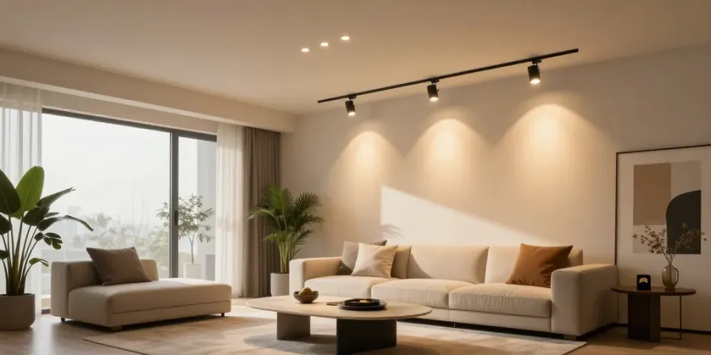 Iluminatul cu sina magnetică încastrată creează o atmosferă elegantă și modernă în living.