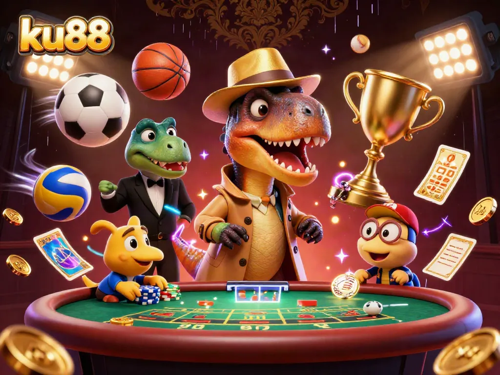 ku88 velociraptor card counter sneaking chips at blackjack table amidst vibrant sports elements.