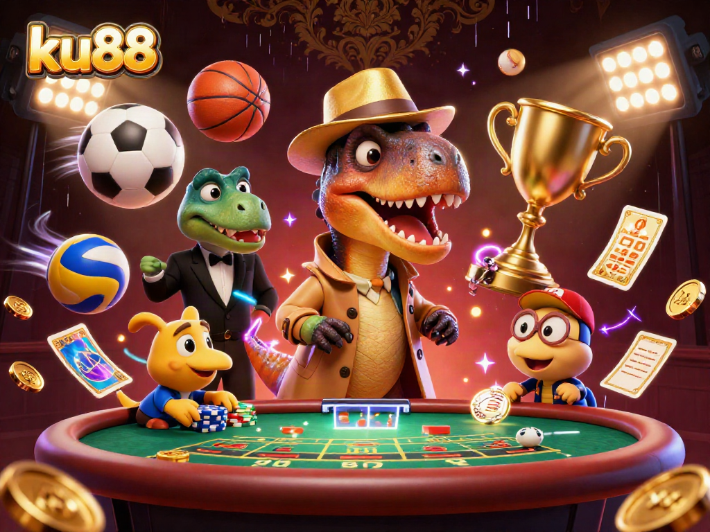 ku88 velociraptor card counter sneaking chips at blackjack table amidst vibrant sports elements.