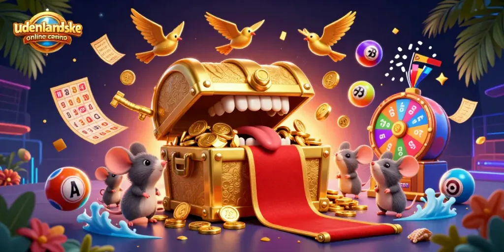 Engaging scene showcasing udenlandske online casino treasures attracting players, featuring colorful lottery elements.