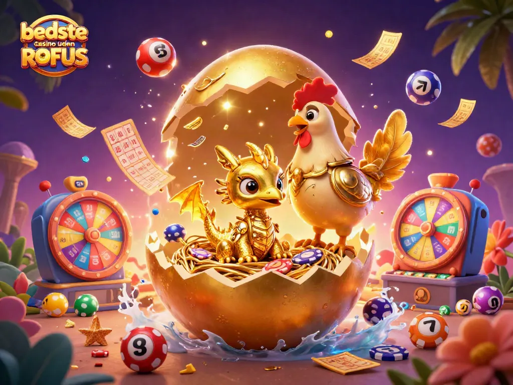 Experience the best casino uden ROFUS with a dazzling 3D illustration of a golden dragon amidst vibrant gambling elements.