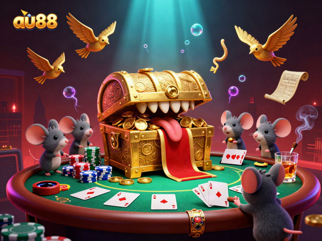 Experience gaming excitement with au88 as adventurer mice approach a treasure chest amidst vibrant casino elements.