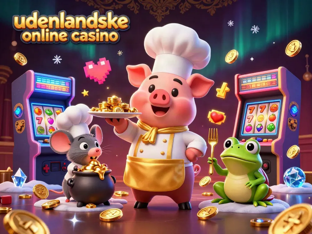 Win big at udenlandske online casino with a vibrant scene featuring a chef pig, mouse, and frog surrounded by colorful gaming elements.