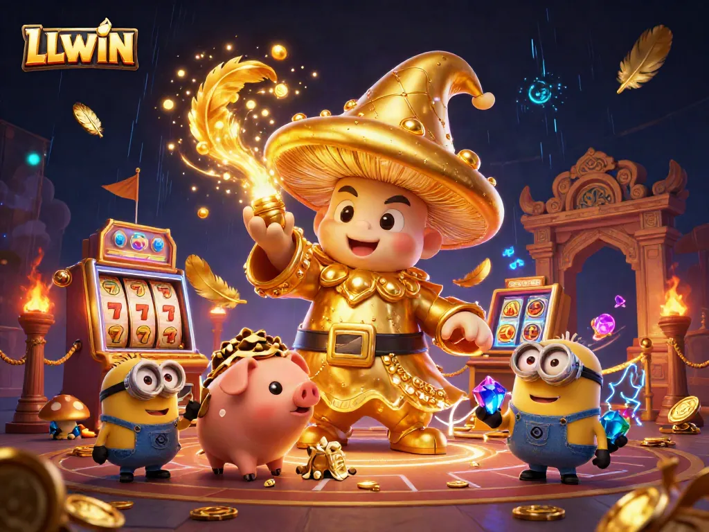 LLWIN casino illustration featuring a golden mushroom wizard with a treasure-seeking pig, and vibrant slot elements.