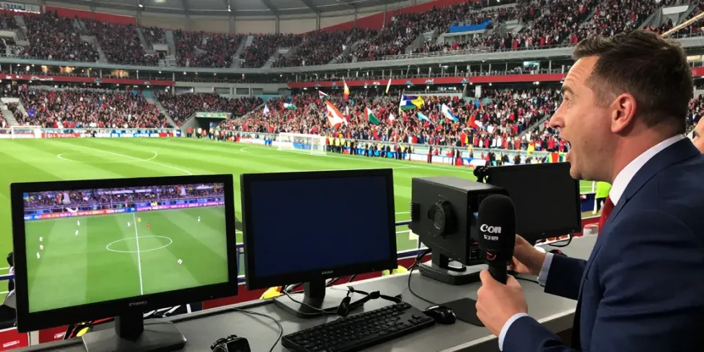 Enthusiastic commentator broadcasting live soccer on CakhiaTV, vibrant stadium atmosphere.