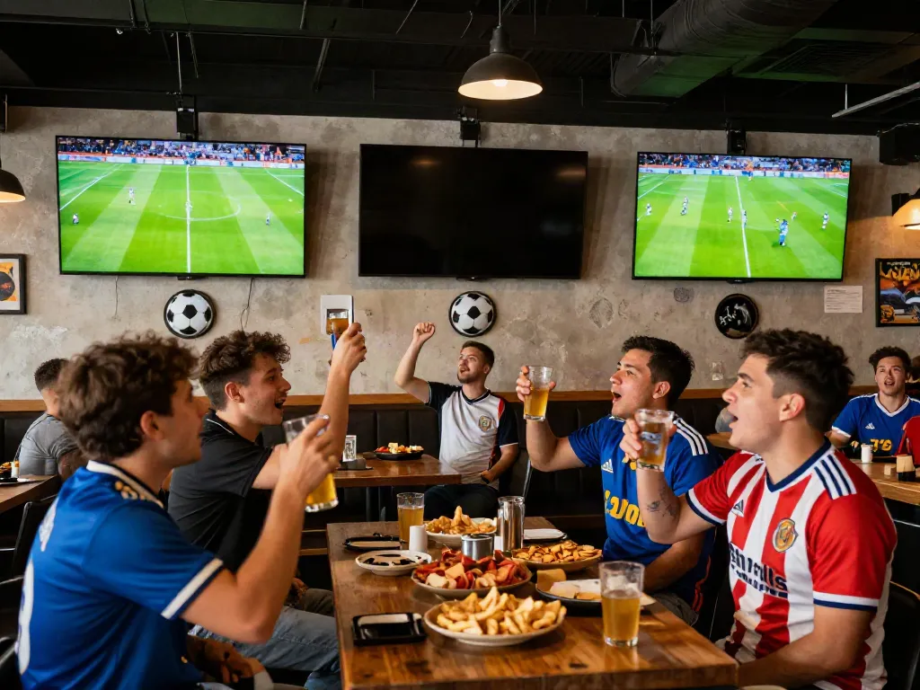 Exciting football gavangtv viewing experience with cheering fans and large screens.