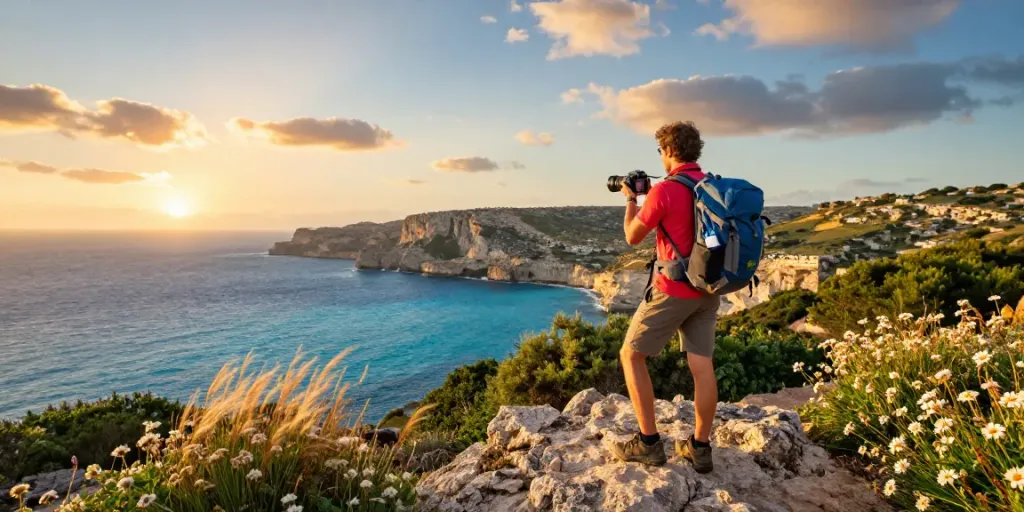 Gozo tours in golden hour at scenic viewpoint, traveler overlooking the Mediterranean.