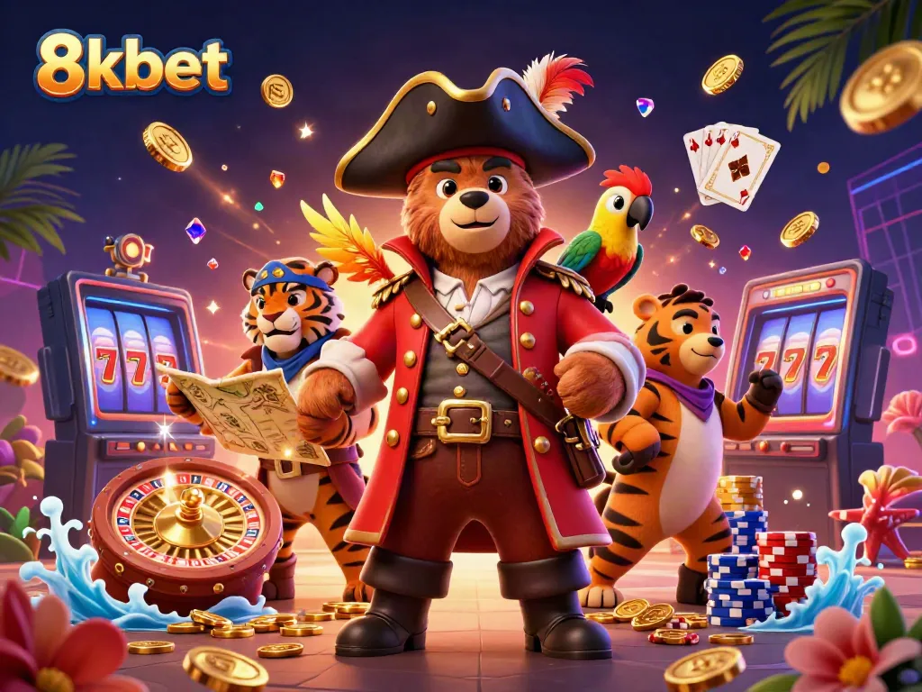 Engage in thrilling gameplay at 8kbet with captivating casino characters surrounded by dynamic gaming elements.
