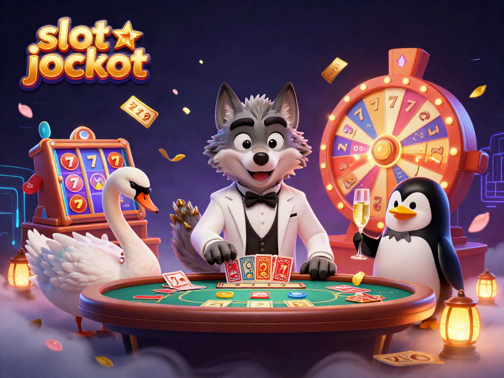 Engaging scene of a 3D wolf at a baccarat table celebrating a slot jackpot with a swan and penguin, dynamic casino elements.