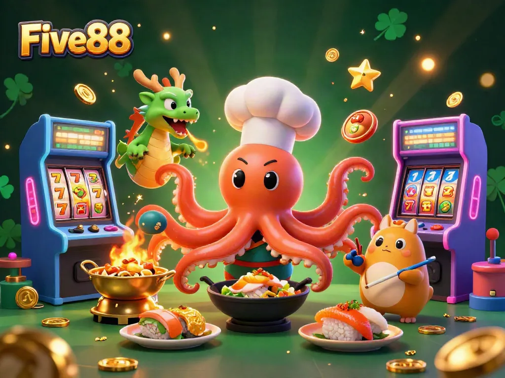 Engage in Five88's thrilling casino adventure with a vibrant 3D rendering of an octopus chef and friends.
