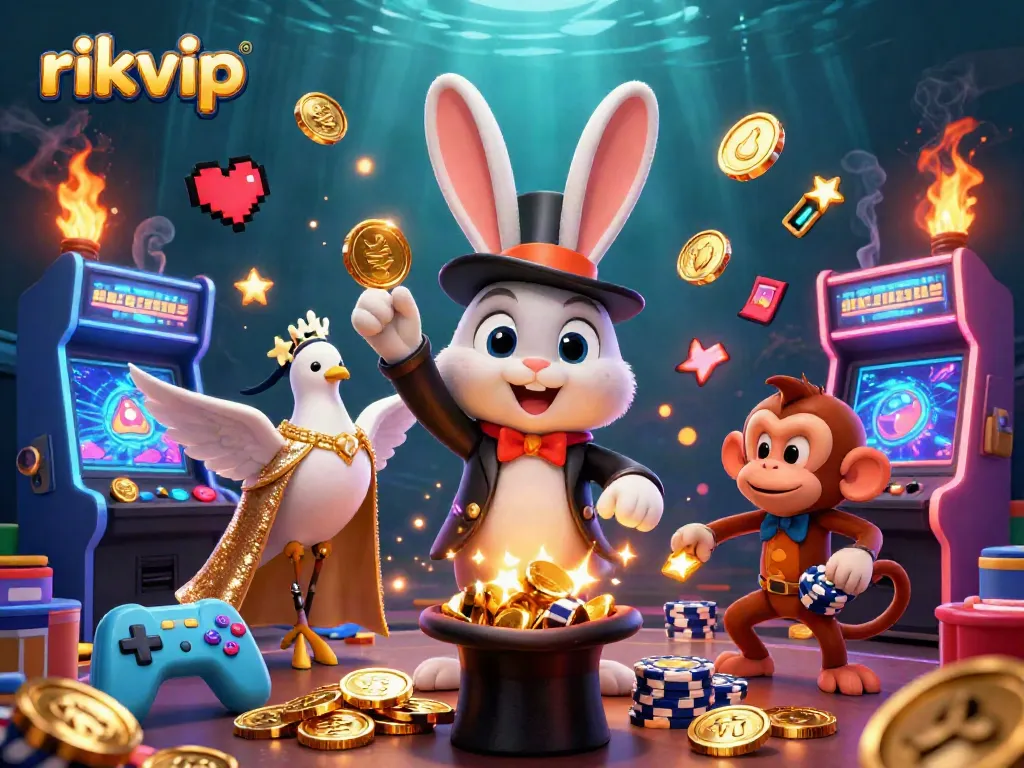 Experience rikvip's thrills with a 3D magician rabbit and vibrant casino elements.