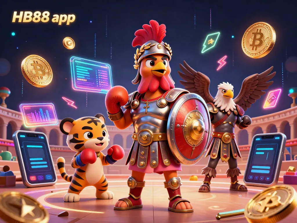 Bettors engage with the HB88 app in a vibrant 3D casino illustration, showcasing interactive game elements.