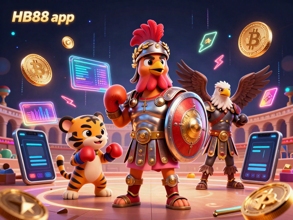 Bettors engage with the HB88 app in a vibrant 3D casino illustration, showcasing interactive game elements.